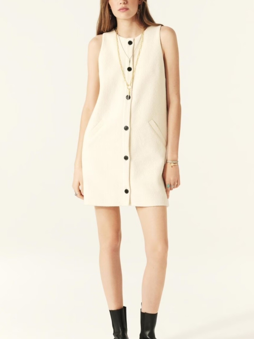 Bs&sh Parveen Tweed Shift Mini Button Front Sleeveless Dress in Ecru XS
